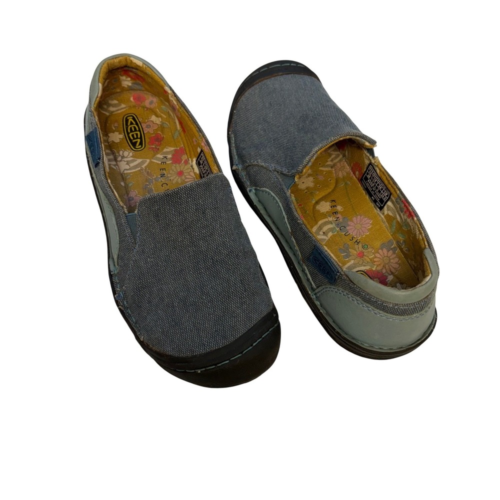 Keen Cush Womens 7.5 Blue Canvas Leather Floral Slip On Loafers Flat Gorpcore